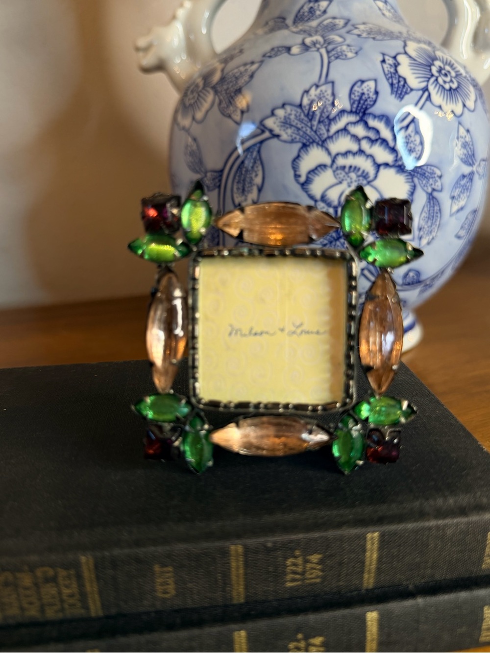 Jeweled Miniature Picture Frame Green Amber Garnet Glass 2.5”